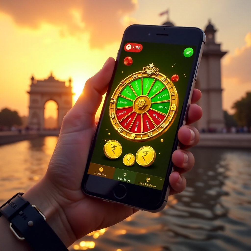 A hand holding a high-end smartphone displaying the official Monopoly Live wheel with vibrant green and red interface, background is the Gateway of India in Mumbai at sunset with warm golden lighting, 3D golden coins with Rupee symbol (₹) and Mr. Monopoly